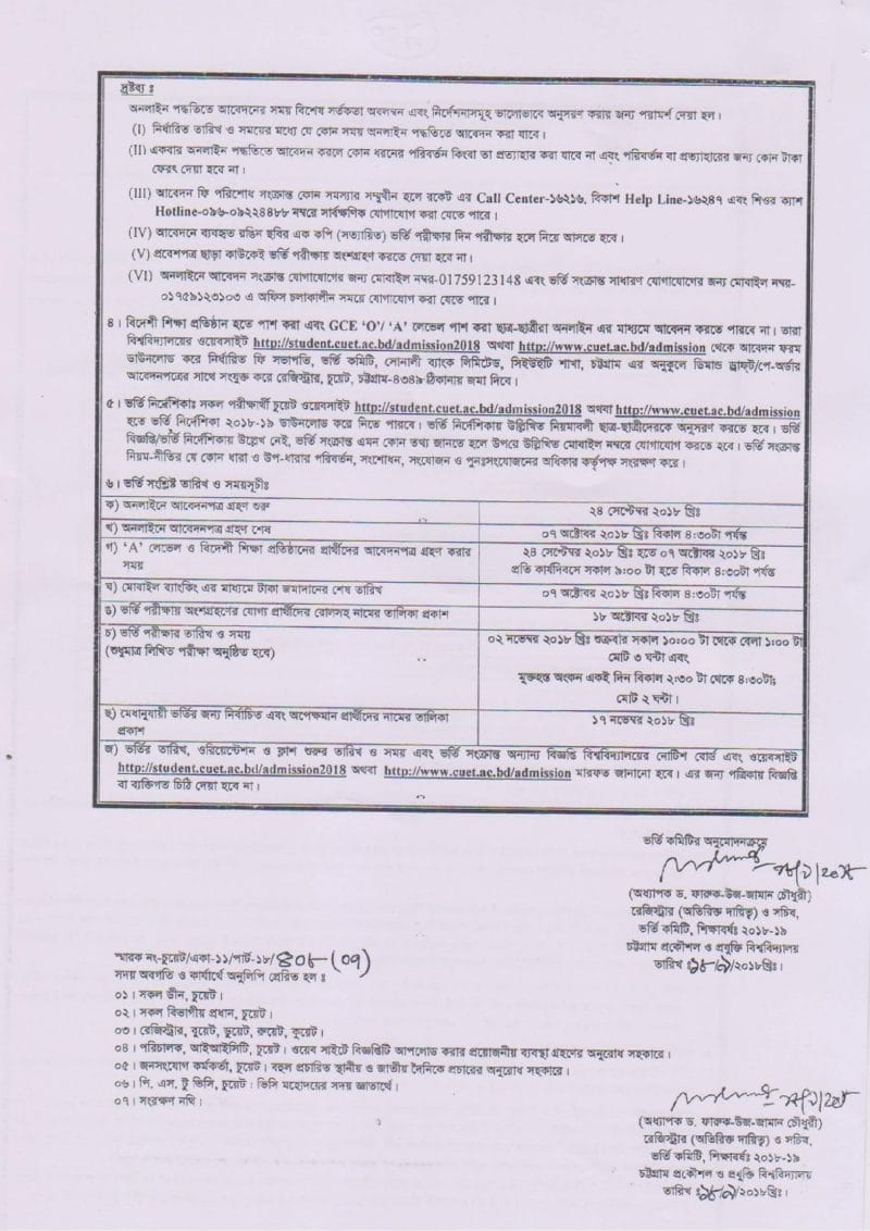 Chittagong University of Engineering and Technology Admission Circular-1