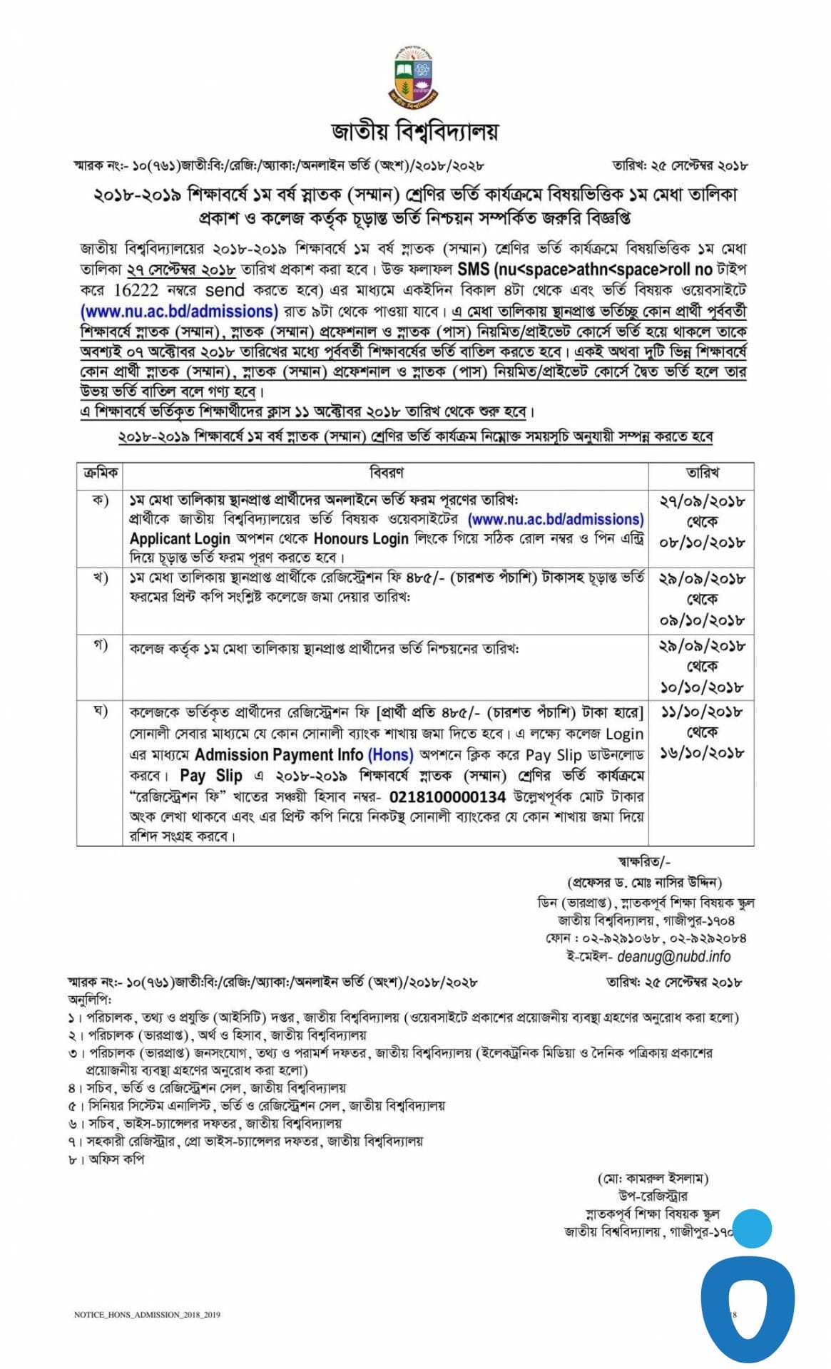 National University Admission Important Notice for Honours 